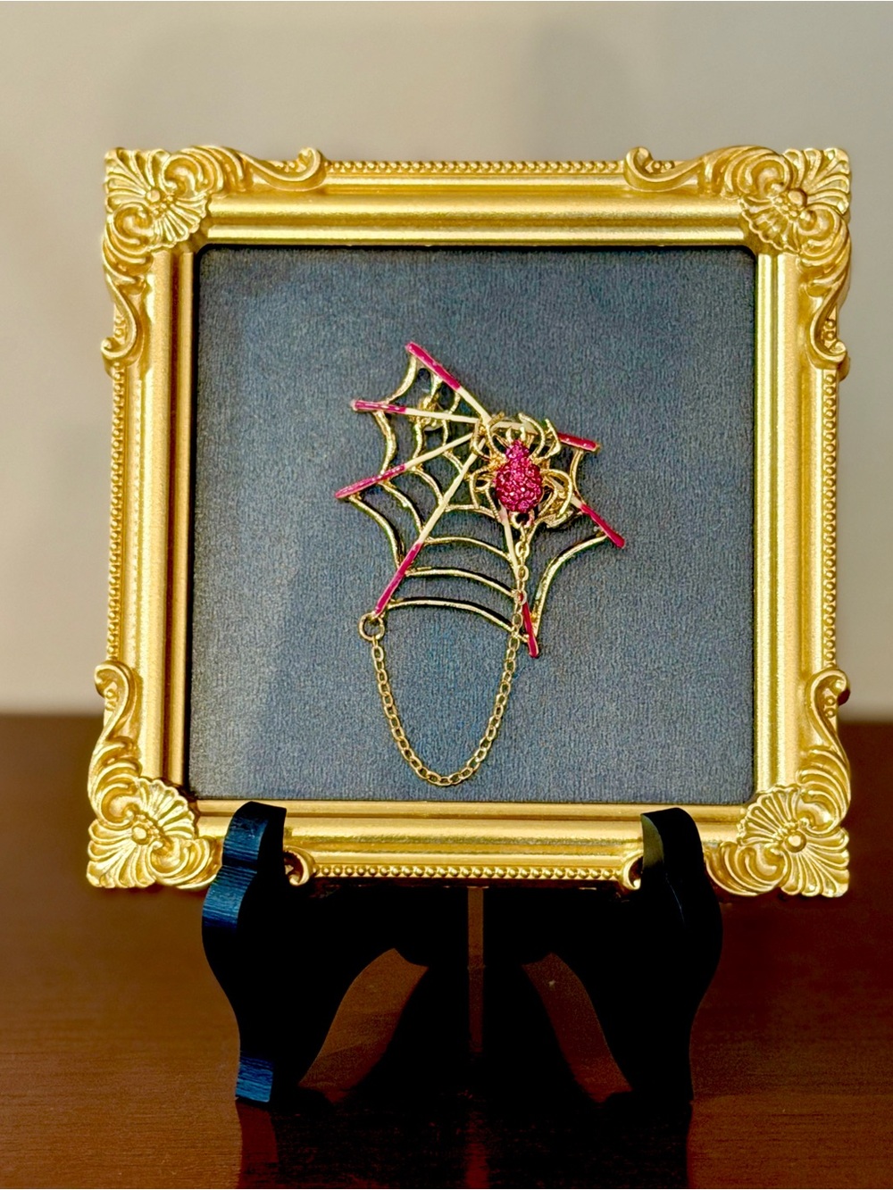 Pink Crystal Spider Web Framed Halloween Shelf Art Gothic Decor - Picture 3 of 7